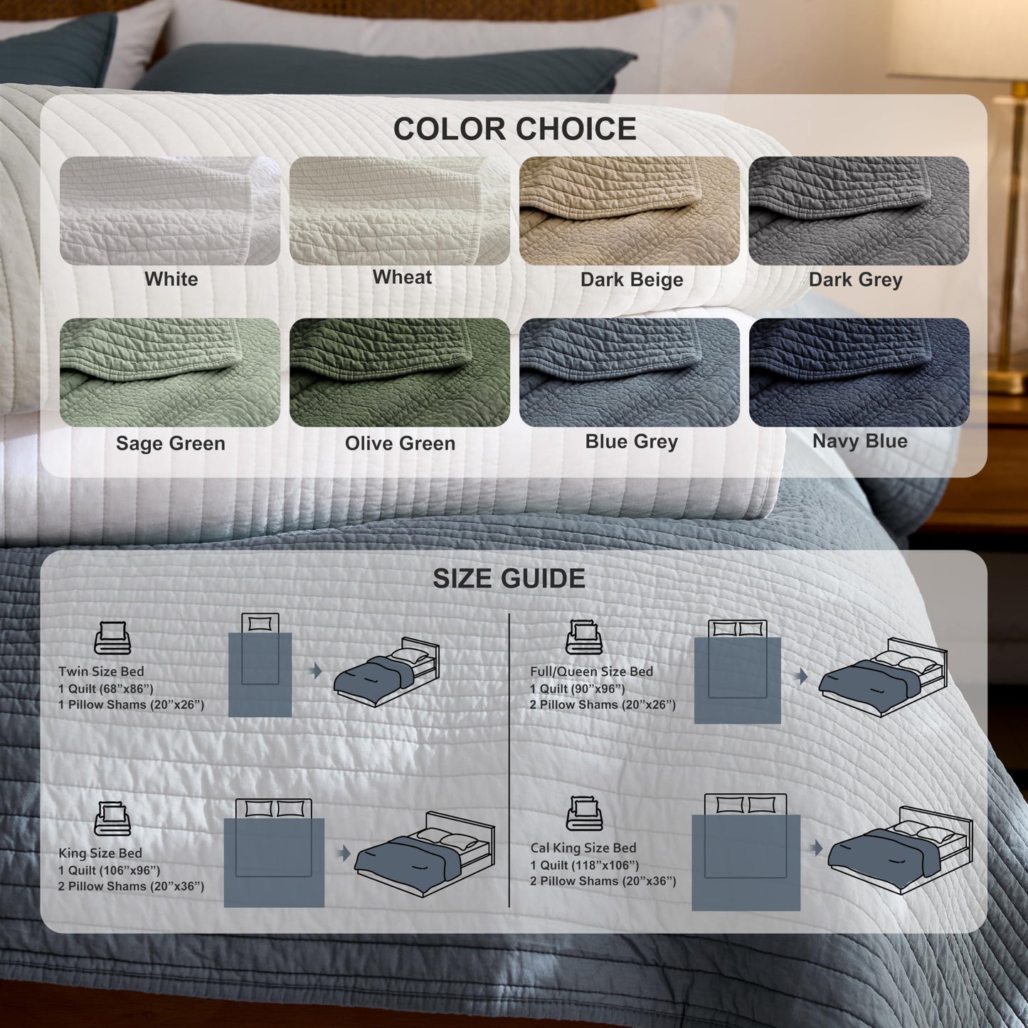 palassio Striped Blue Grey 100% Cotton Quilt Queen Size Bedding Sets, Lightweight Crinkly Channel Pick Stitch Textured Bedspread Soft Shabby Chic Farmhouse Country Coverlet for All Season, 2 Shams