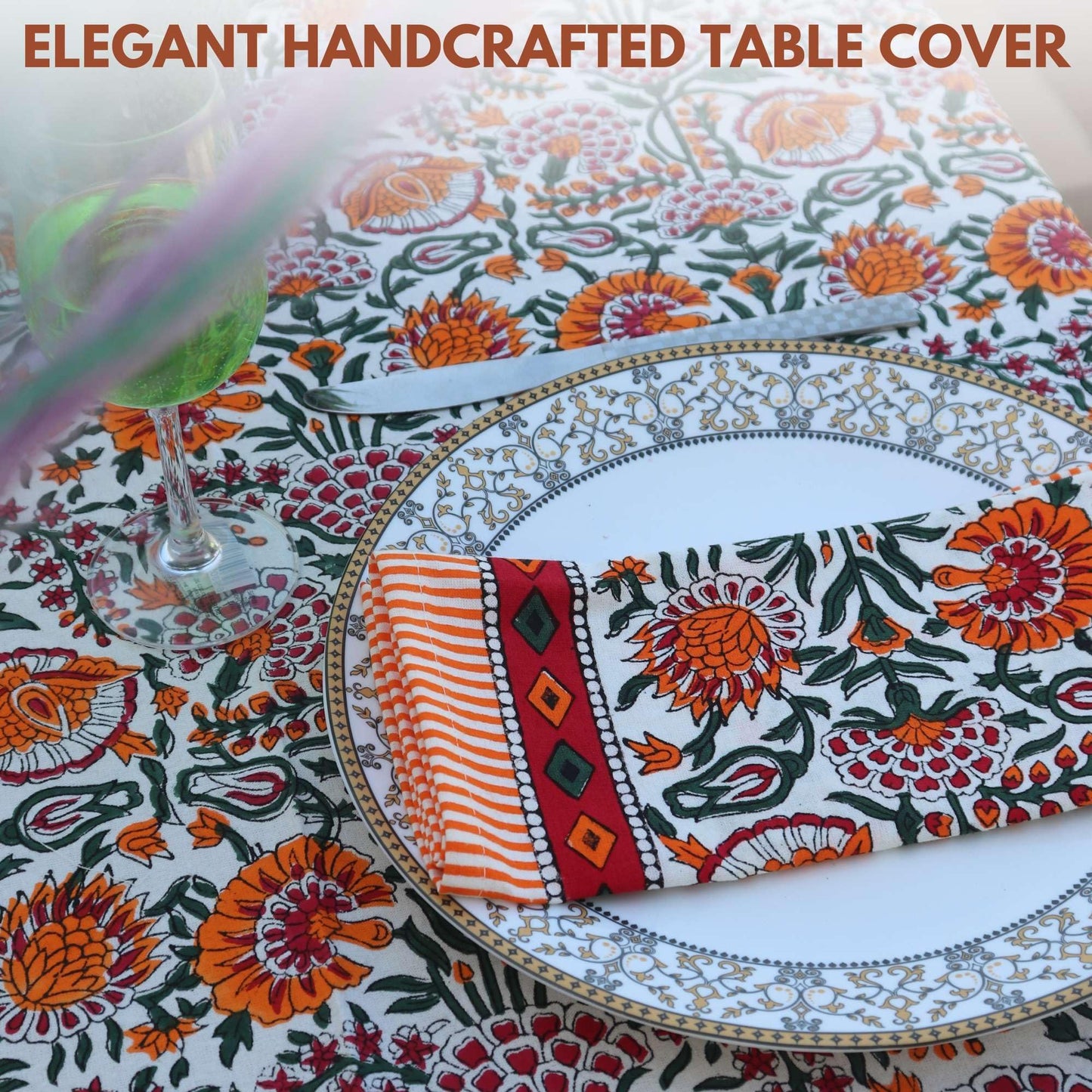 Handblock Print Cotton Tablecloth – 72x108 Rectangle Table Cover Seats 6–8 – Indian Block Printed Floral Dining Table Linen – Boho Washable Cloth for Kitchen, Party, Outdoor (Orange)