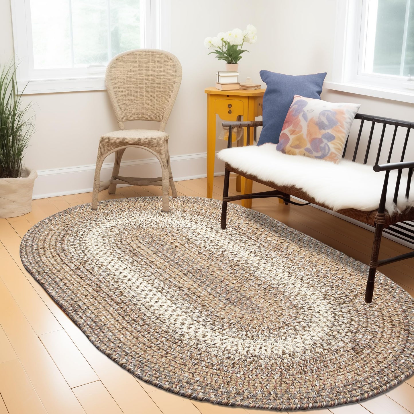 Super Area Rugs Braided Rugs 3X5 Farmhouse Kitchen Rug - Ridgewood Braided Rug for Living Room - Reversible - Indoor/Outdoor - Made in USA - Taupetone/Beige, 3' X 5' Oval