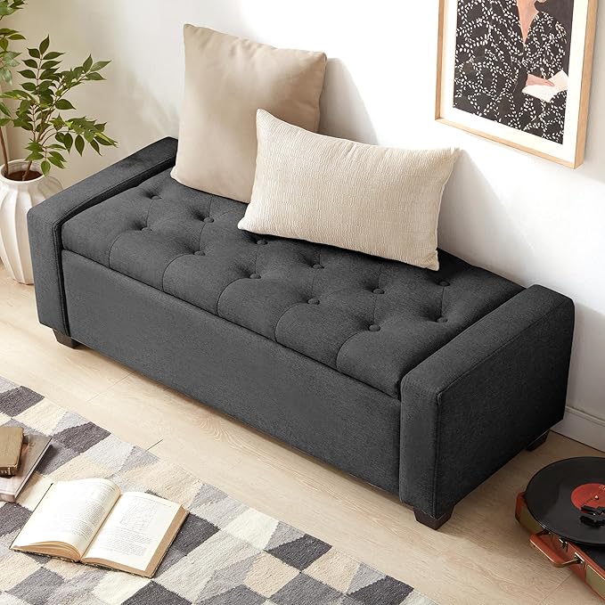 Huatean Home 48" Ottoman with Storage, Storage Ottoman Bench with Safety Hinge, Upholstered Entryway Bench with Seating for Bedroom, Living Room, Holds up to 330 lb, Dark Gray