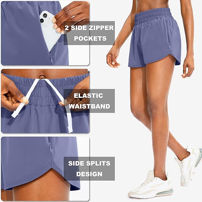 SANTINY Women's Running Shorts with Zip Pockets High Waisted Athletic Workout Gym Shorts for Women with Liner