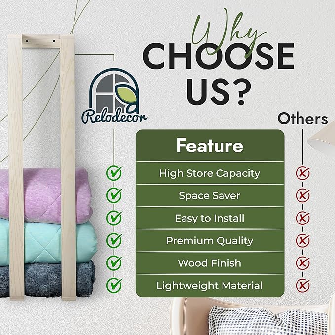 RELODECOR Blanket Wall Rack – Decorative Farmhouse Style Wooden Ladder – Rustic Quilt & Towel Holder – Wall Mounted Storage Rack for Living Room, Bedroom & Bathroom – Stylish White Design