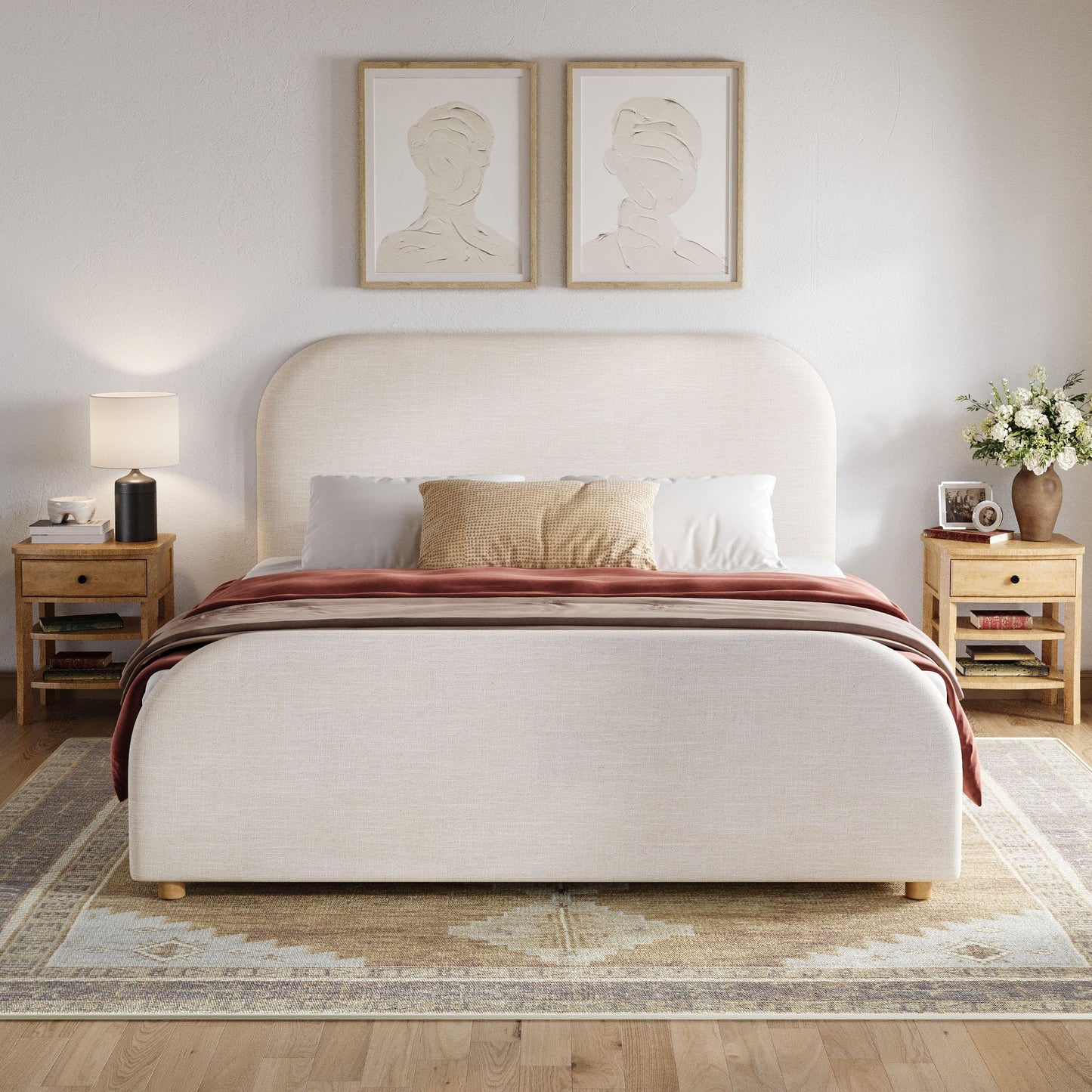 Christopher Knight Home Lanet Linen Upholstered Queen Size Bed Frame with Headboard, Modern Queen Bed Frame and Headboard, Wooden Slats Support, Easy Assembly, No Box Spring Needed, Beige