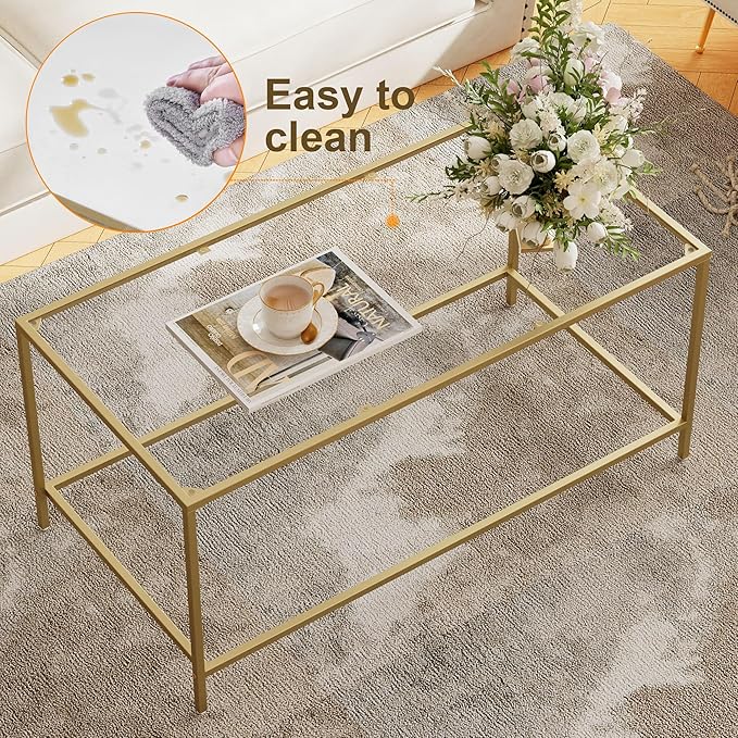 Homleke Glass Coffee Table, Modern Rectangular Coffee Table for Living Room, Minimalist Center Tea Table with Sturdy Metal Frame for Apartment, Office, Easy Assembly, 39.4 x 19.7 x 17.7 Inches, Golden