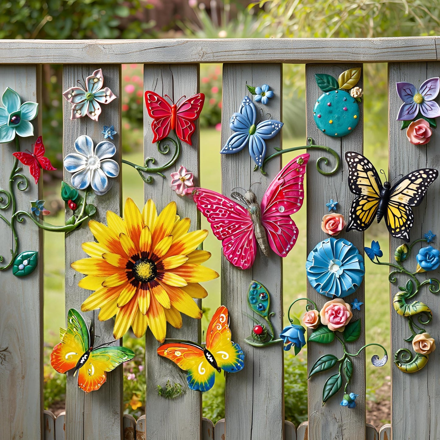 Meduofon Metal Flowers Wall Decor and Butterfly Wall Art, 3 Pack Metal Outdoor Wall Art Decor, Fence Art Wall Sculptures for Indoor Outside Garden Patio Decorations (Yellow&Green)