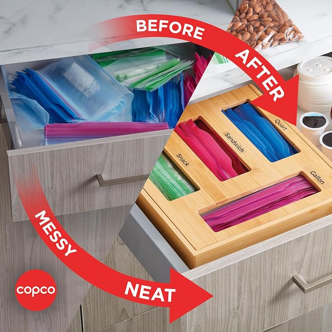 Copco Bamboo Storage Bag Organizer with Labels - 4-Compartment Kitchen Drawer or Wall Mount Holder for Gallon, Quart, Sandwich and Snack Bags, 13 x 12 x 3 Inches
