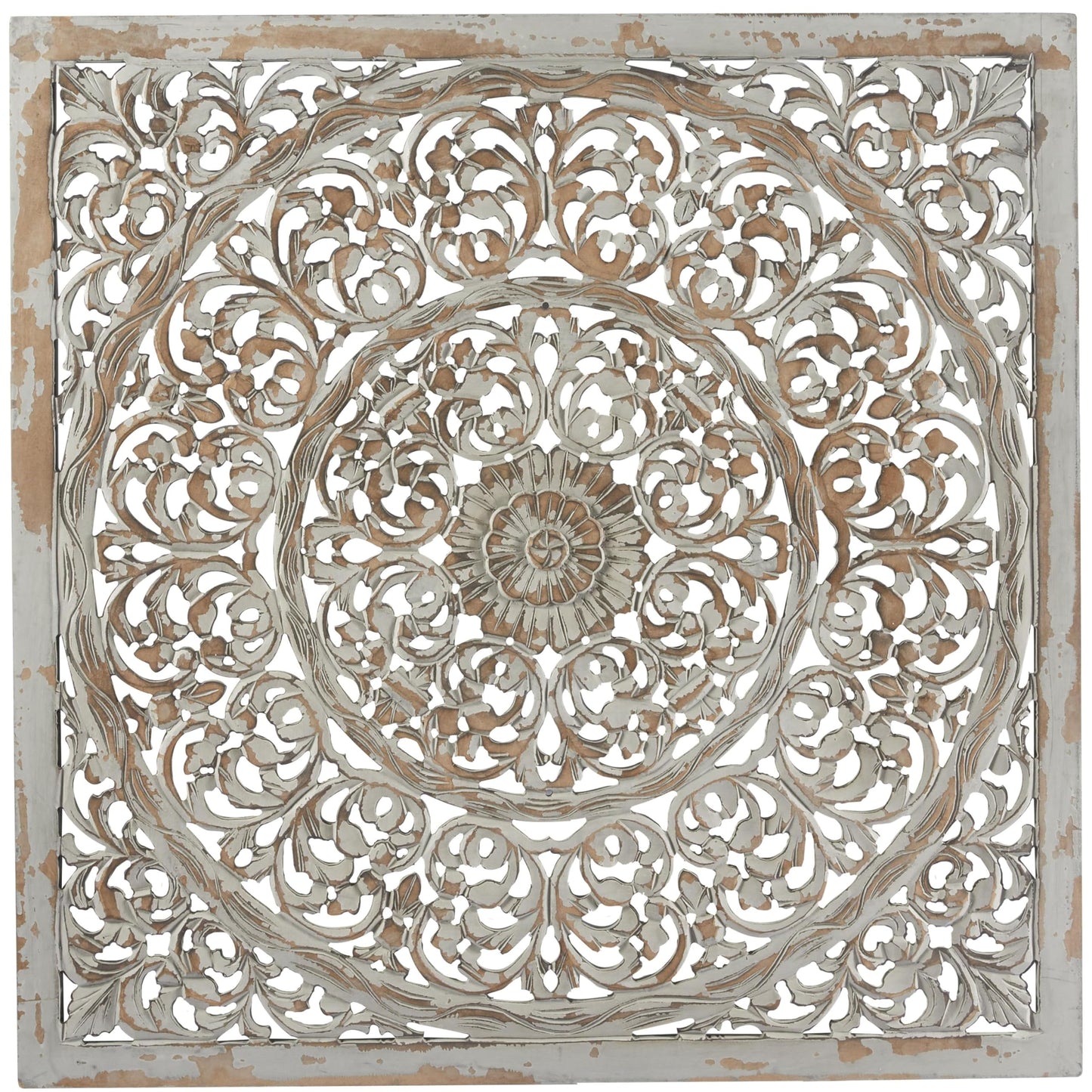 Deco 79 Wooden Floral Handmade Carved Scroll Mandala Wall Decor with Brown Distressing, 36" x 1" x 36", Gray