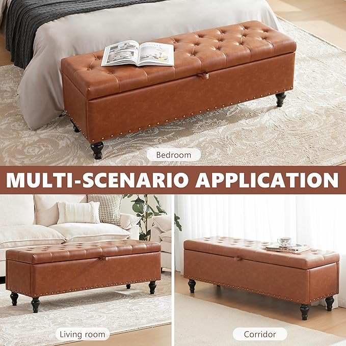 Mangodan 50" Storage Ottoman Bench, Tufted Ottoman with Storage for Living Room, Large End of Bed Ottomans, Modern Entryway Benchs, Window & Bedroom Benches for Foot of Bed (Brown)