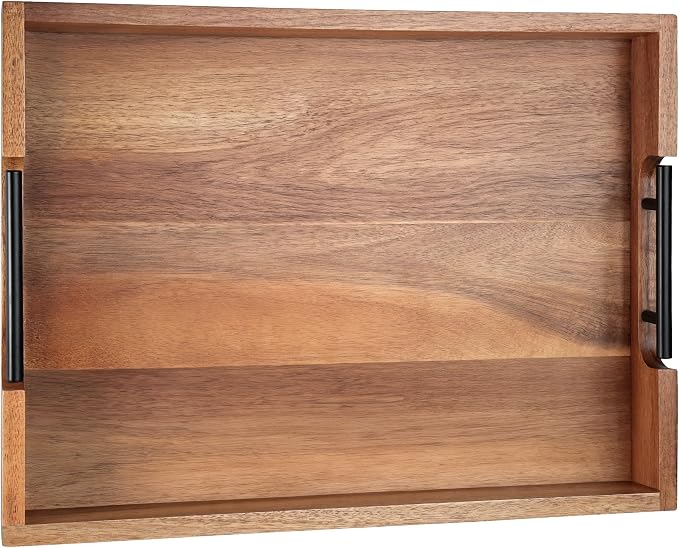 Joy&Grace Ottoman Tray for Living Room, Large Acacia Wooden Serving Tray with Handles for Coffee Table, Breakfast in Bed, Food Dinner, Decorative Tray (Color Natural, 16.7" x 12.8" x 2")