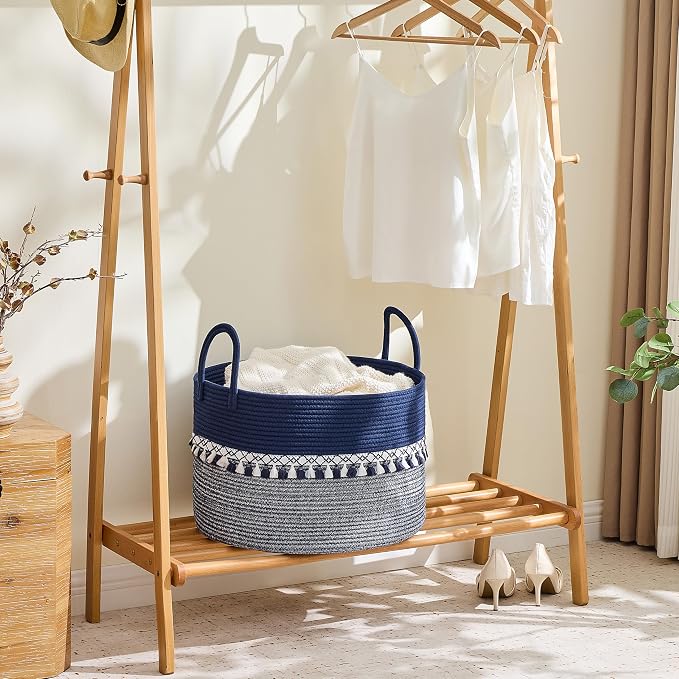 KAKAMAY Cotton Rope Storage Basket (20"x13"),Woven Hamper for Blankets,Toys,Pillows,Clothes,Laundry,Sturdy Handles Decorative Basket for Living Room, Bedroom,Nursery(Blue/White)