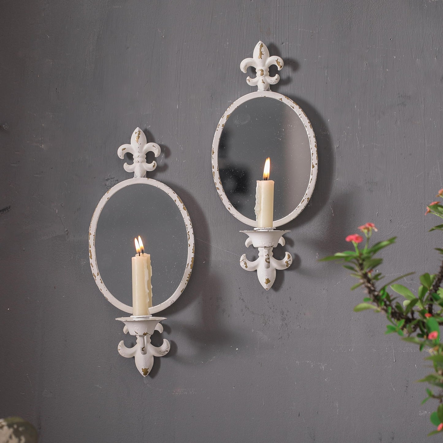 SOFE Metal Shabby Chic Wall Sconces Set of Two Candle Holder, Oval Mirrored Wall Candle Holder for Taper Candles, Iron White Candle Sconces for Living Room, Farm House Home Decor