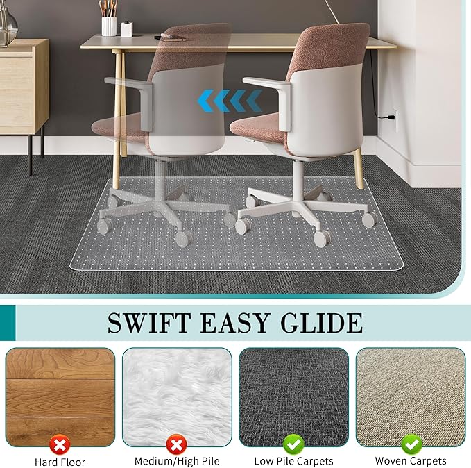 Office Chair Mat for Carpets, Clear Computer Desk Chair Mat for Low Carpeted Floors, Thick and Sturdy Carpet Protector, Easy Glide and Flat Without Curling (30" x 48" Rectangle)
