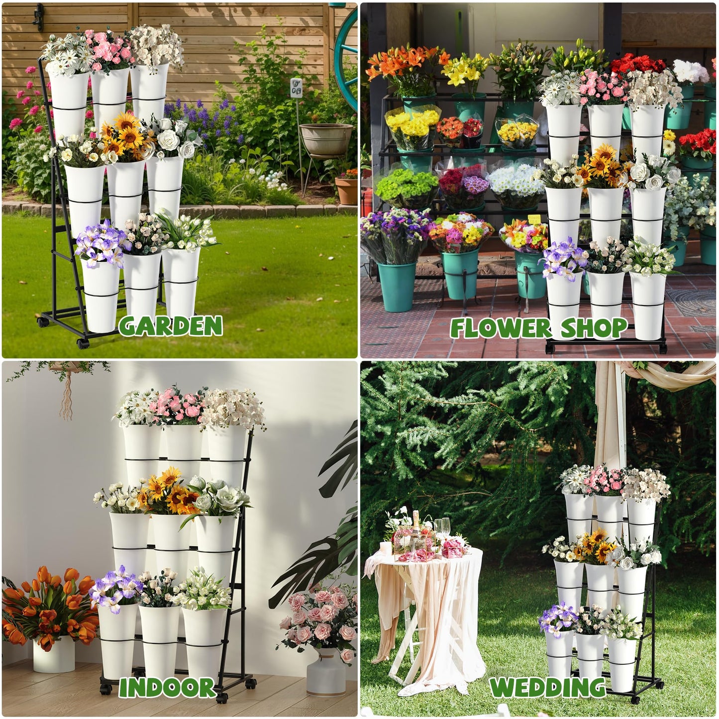 Invech Flower Display Stand with 9 Buckets and Wheels, 3 Tier Flower Cart Display Stand for Indoor Outdoor Garden, Wedding, Flower Shop (Black)