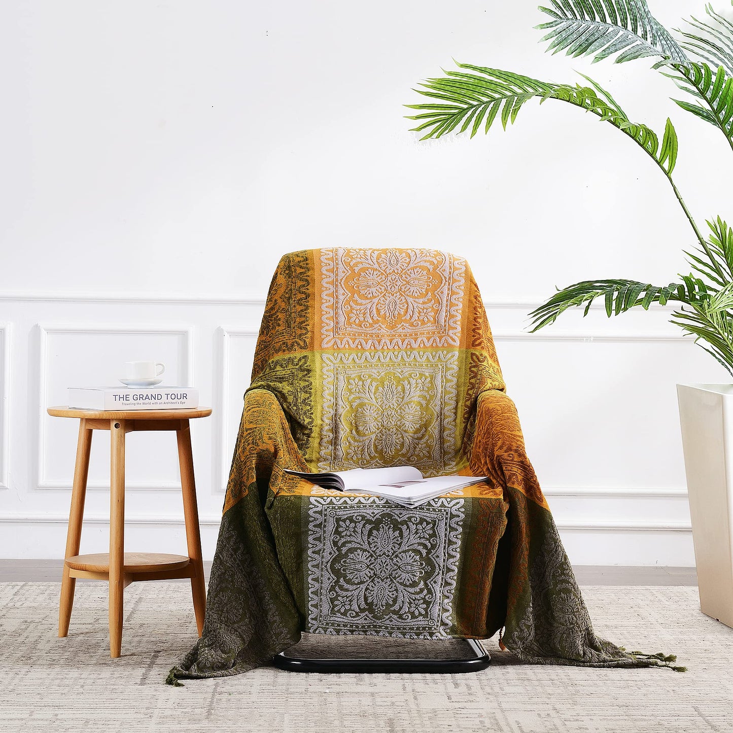 Edcooy Boho Couch Cover, Bohemian Throw Blanket Tassels Hippie Decor Covers Sofa Chair loveseat Furniture Bed， Bohemian Tribal Fringe slipcover (Green, 60x75)…
