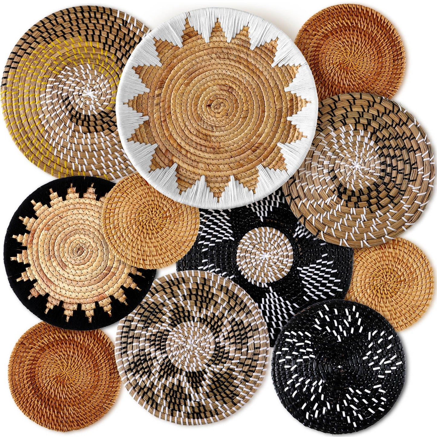 11 Pcs Boho Hanging Wall Basket Decor Handmade Woven Basket Wall Decorative Boho Wicker Baskets Placemats Round Farmhouse Bulrush Art for Rustic Home Decorations Christmas Gift(Stylish)