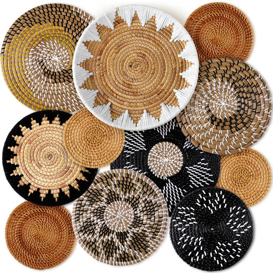 11 Pcs Boho Hanging Wall Basket Decor Handmade Woven Basket Wall Decorative Boho Wicker Baskets Placemats Round Farmhouse Bulrush Art for Rustic Home Decorations Christmas Gift(Stylish)