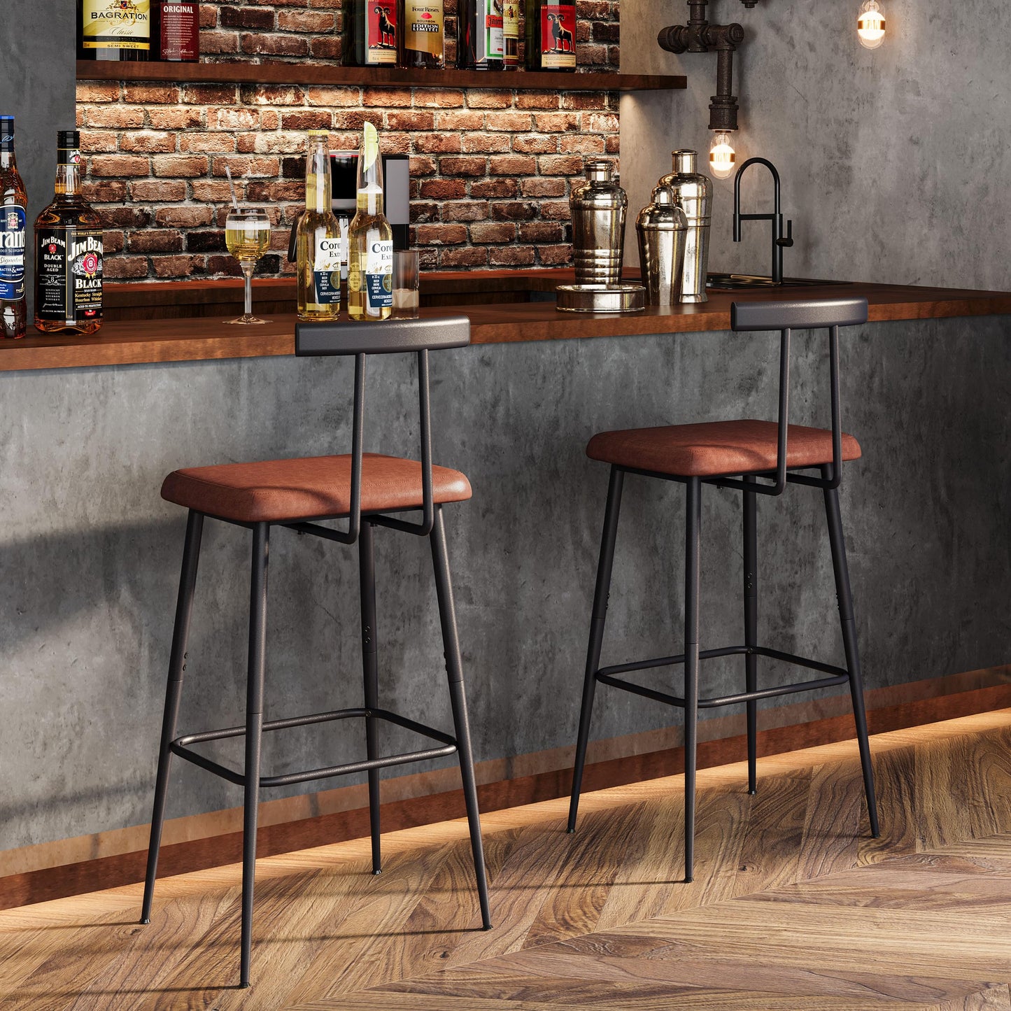 Bar Stools set of 2, Tall Bar Stools with Backrest and Footrest, Counter Height Bar Chairs, Industrial Barstools with PU Leather Cushion, for Kitchen, Dining Room, Bar, Cafe (Rustic Brown)KBS515R