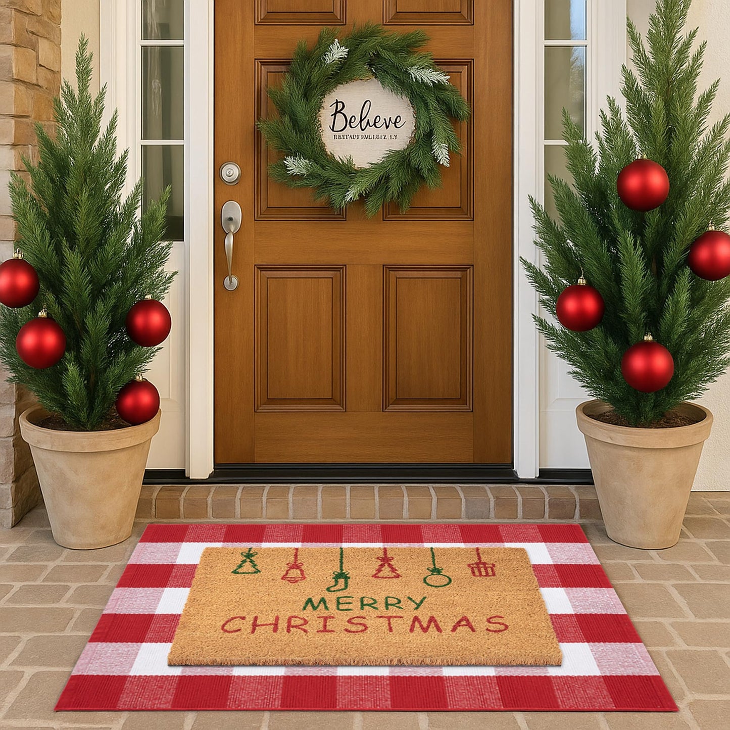 Christmas Door Mat Combo Set - 100% Coco Coir Welcome Mat + 28 x 43 Inch Red and White Plaid Rug, Holiday New Year Christmas Collection Decorative Doormat for Front Porch Entryway Decor