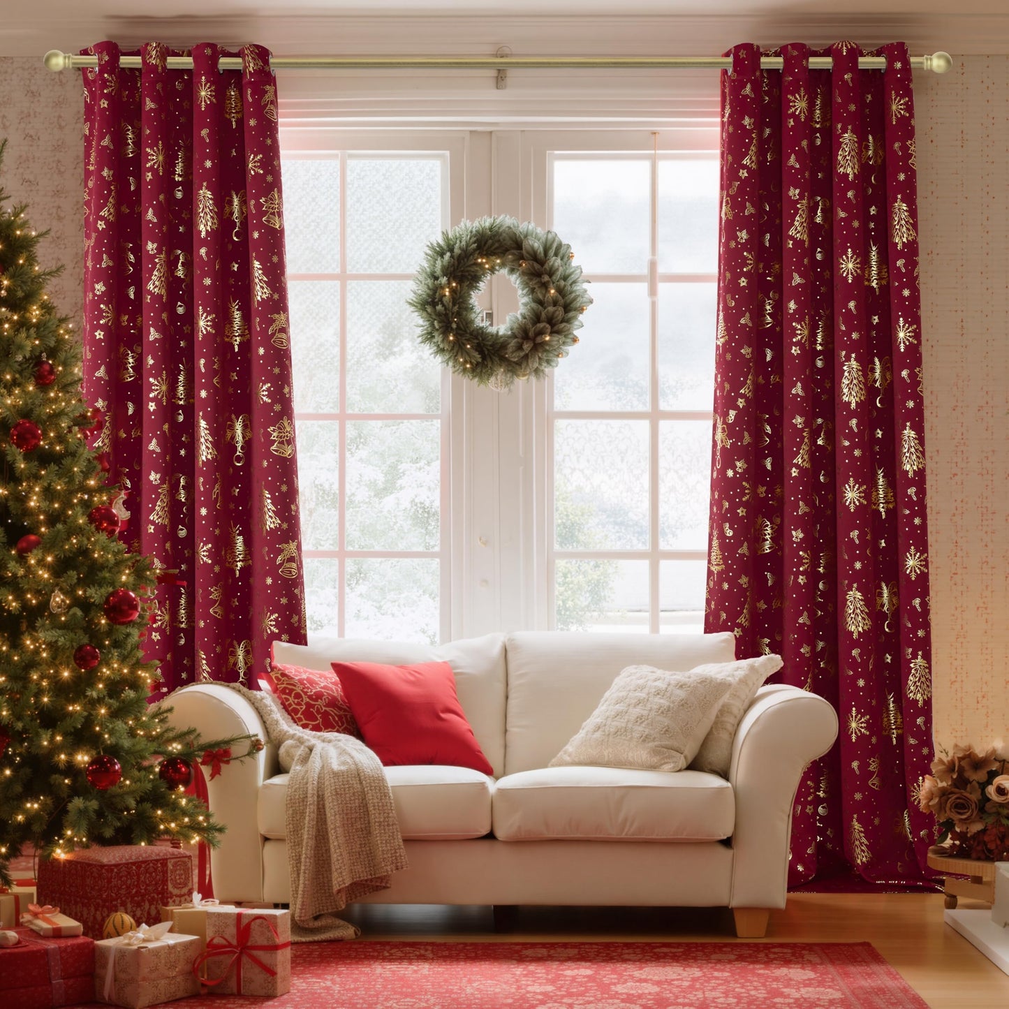 NICETOWN 2 Panels Christmas Red Curtains 52 x 84 Inch, Gold Foil Printed Grommets Drapes, Xmas Theme Window Treatment for Holiday Home Decor, Set of 2 Christmas Style Curtain Panels