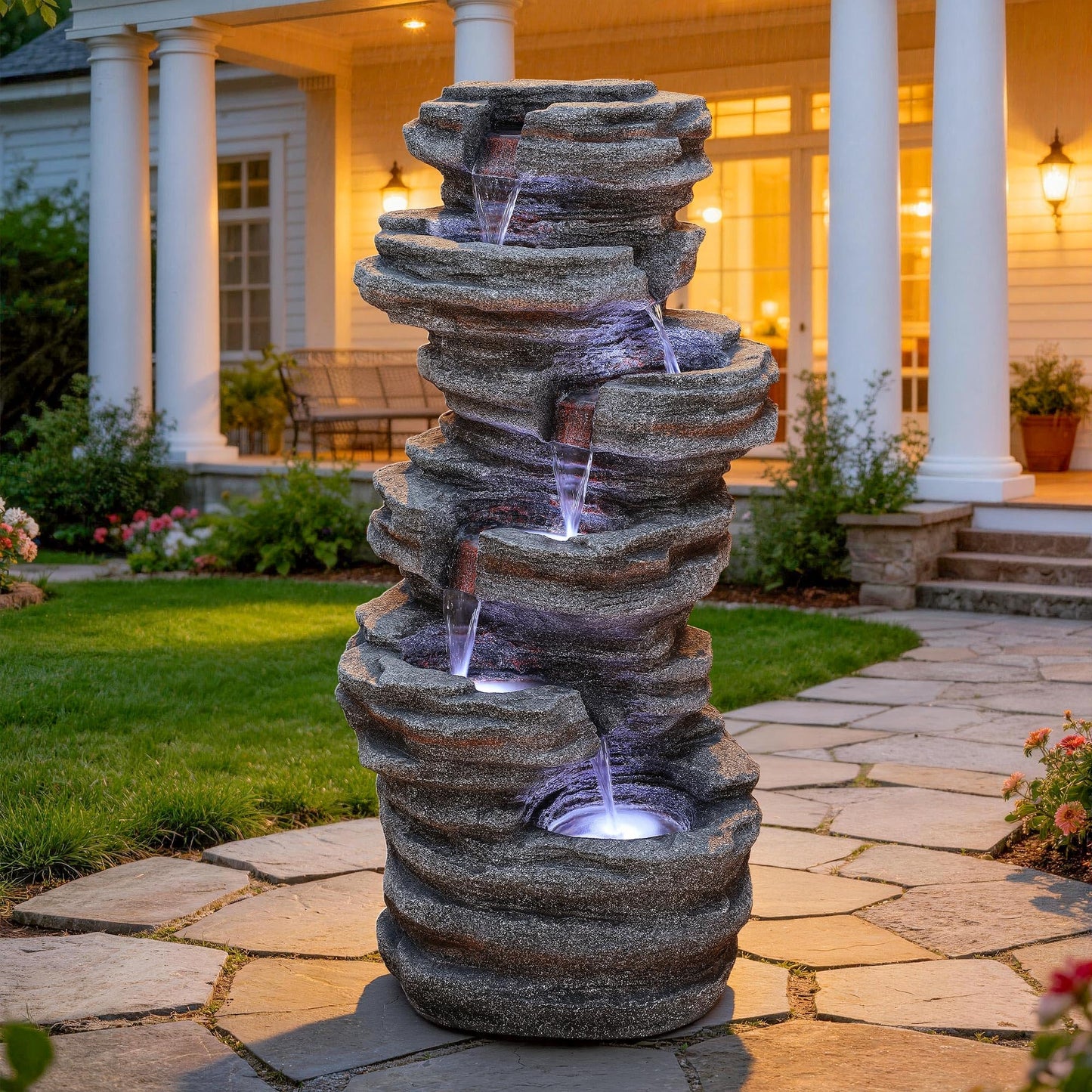 Ultym Extra-Large 6-Tier Outdoor Water Fountain with LED Lights, Cascading Rock Waterfall for Garden Patio Porch, Weather-Resistant Polyresin Water Feature for Tranquil Oasis