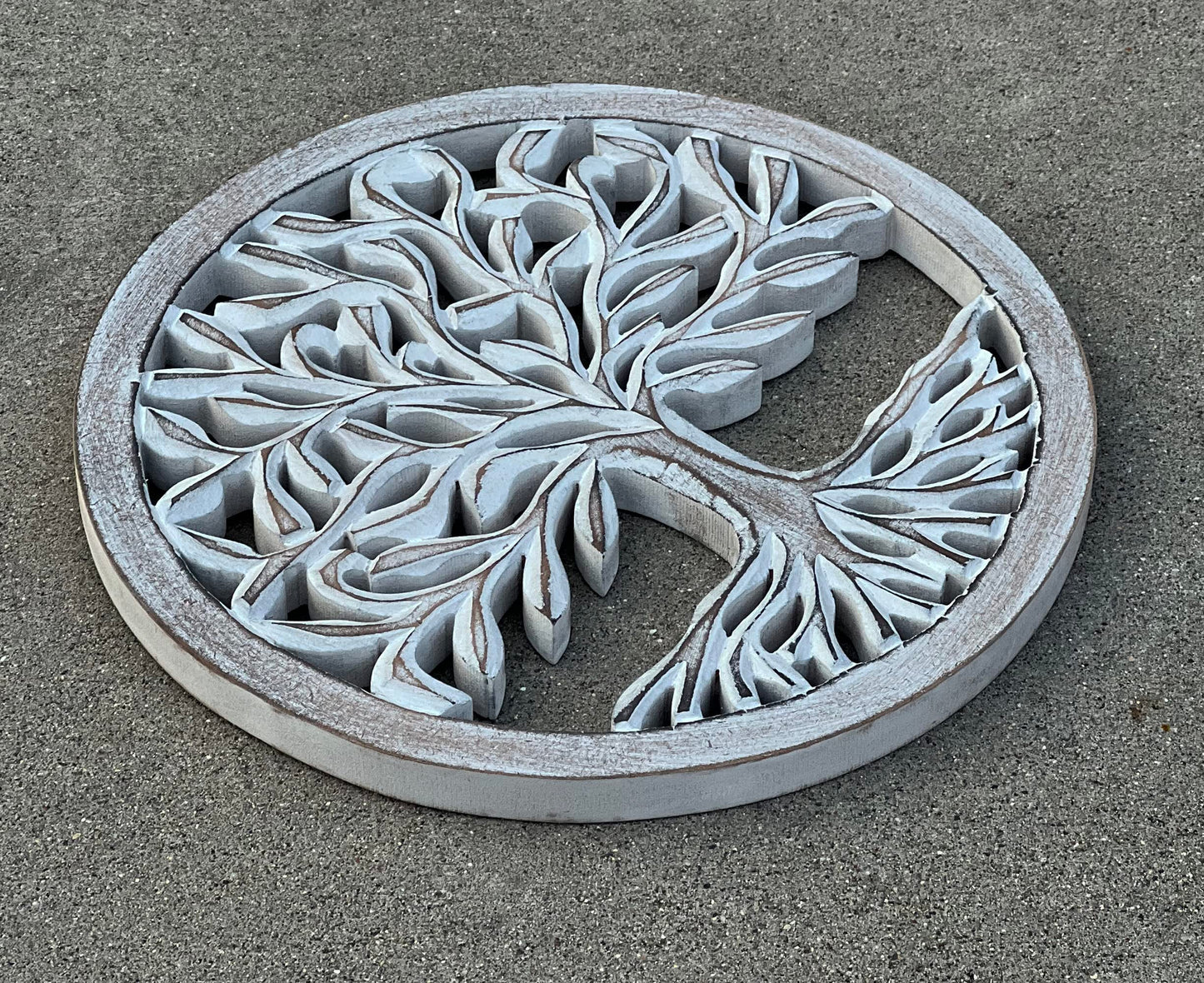 Wooden White Wash Tree of Life Wall Art Panel – 12 Inch Round Wood Carved Wall Hanging Sculpture | Indoor Outdoor Tree of Life Altar Panel Home & Office Wall Décor