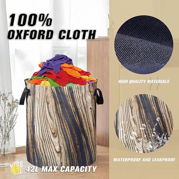 Wood Grain Laundry Basket Tree Stump Texture Foldable Oxford Cloth Funny Tote Bag Laundry Hamper Clothes Storage Bucket Organizer For Bathroom/Laundry Storage/Bedroom 18.9x16.5 Inch
