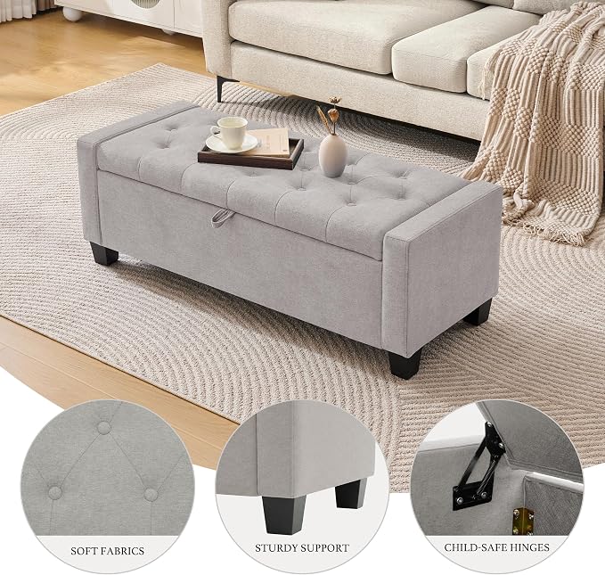 Huatean Home 43" Ottoman with Storage, Storage Ottoman Bench with Safety Hinge, Upholstered Entryway Bench with Seating for Bedroom, Living Room, Holds up to 330 lb(Light Gray)