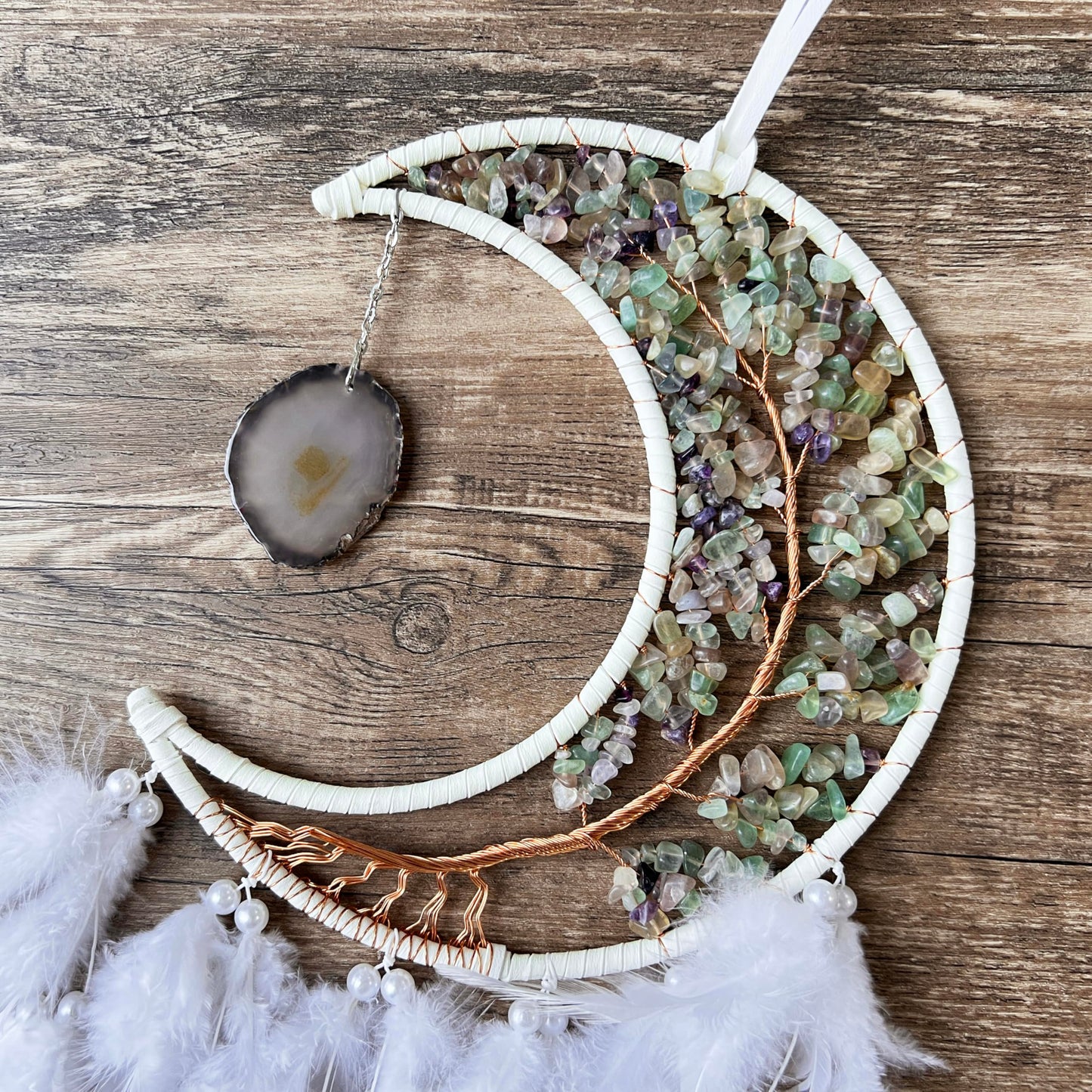 Moon Dream Catchers with Chakra Gemstone Agate Stone, Crystal Tree Life Dream Catchers Wall Hangings Room Decor (White)