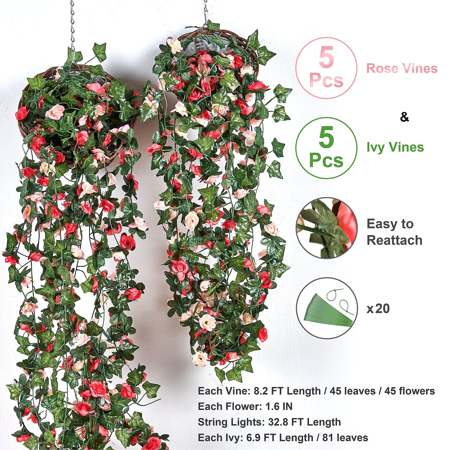 BLEUM CADE 5 Pcs 41Ft Flower Garland Artificial Rose Vines with 5 Pcs 34.5Ft Fake Ivy Vines, Hanging Fake Flower Vines for Wedding Party Valentines Day Christmas Wall Room Decor Aesthetic