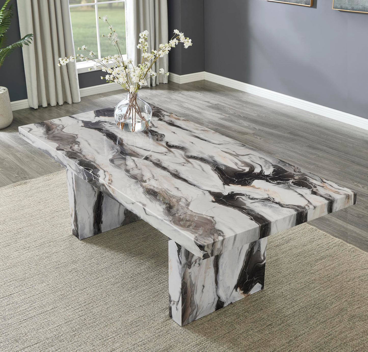 Roundhill Furniture Cavira 7-Piece Modern Faux Marble Dining Set, Double Pedestal Table with 6 Upholstered Chairs