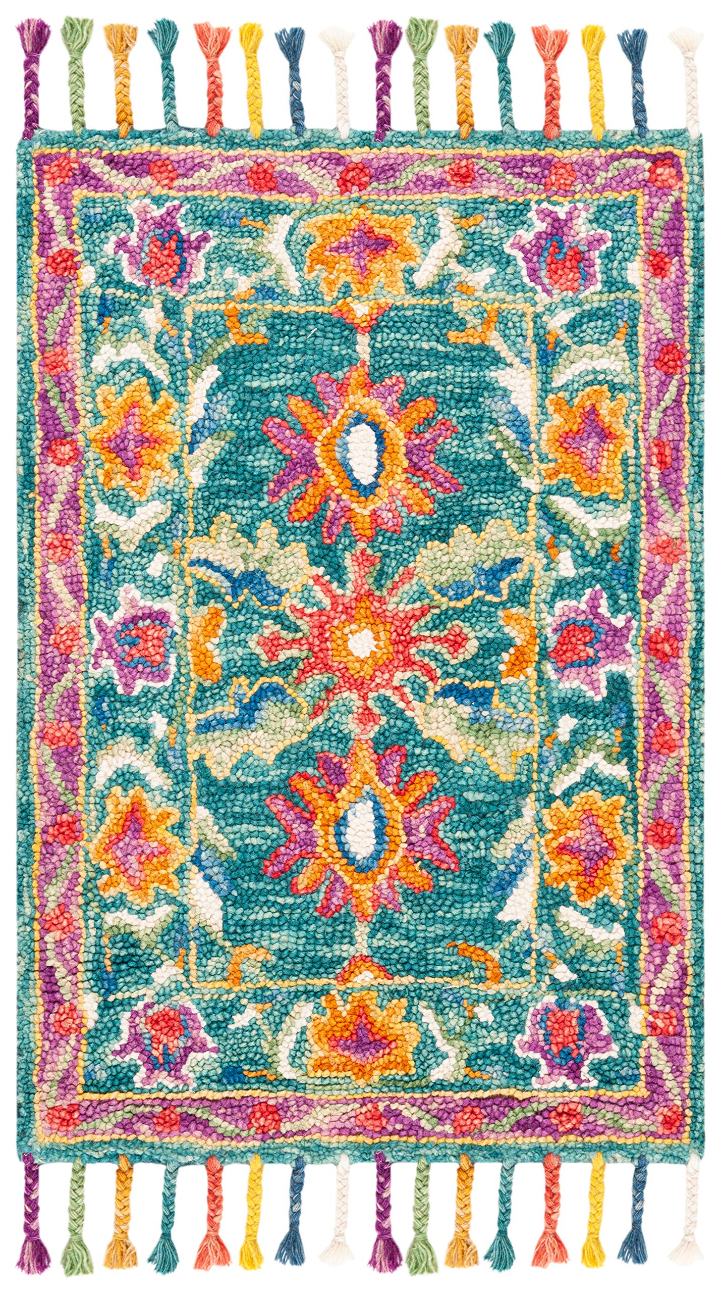 SAFAVIEH Aspen Collection Accent Rug - 2' x 3', Turquoise & Purple, Handmade Boho Braided Tassel Wool, Ideal for High Traffic Areas in Entryway, Living Room, Bedroom (APN113K)