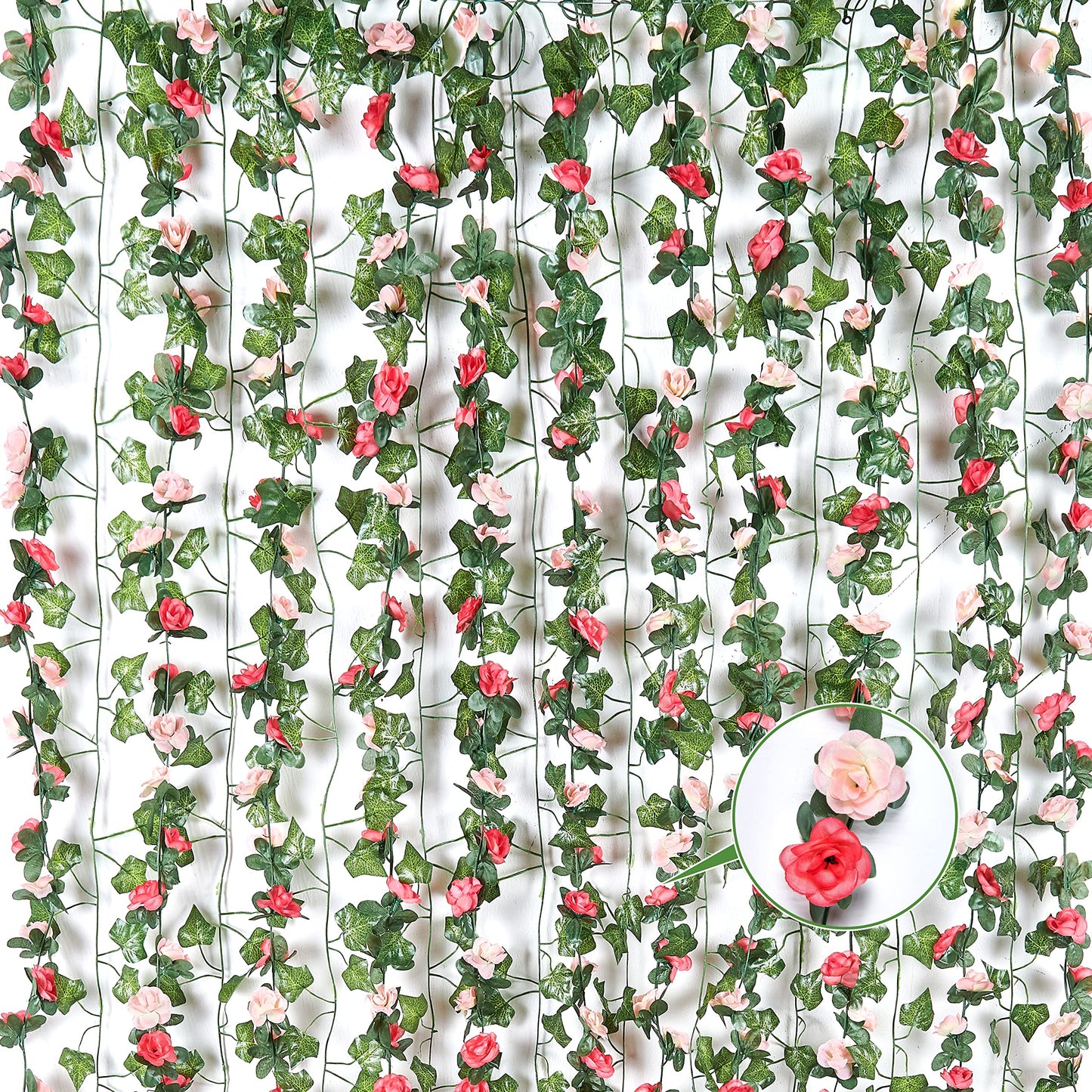 BLEUM CADE 5 Pcs 41Ft Flower Garland Artificial Rose Vines with 5 Pcs 34.5Ft Fake Ivy Vines, Hanging Fake Flower Vines for Wedding Party Valentines Day Christmas Wall Room Decor Aesthetic