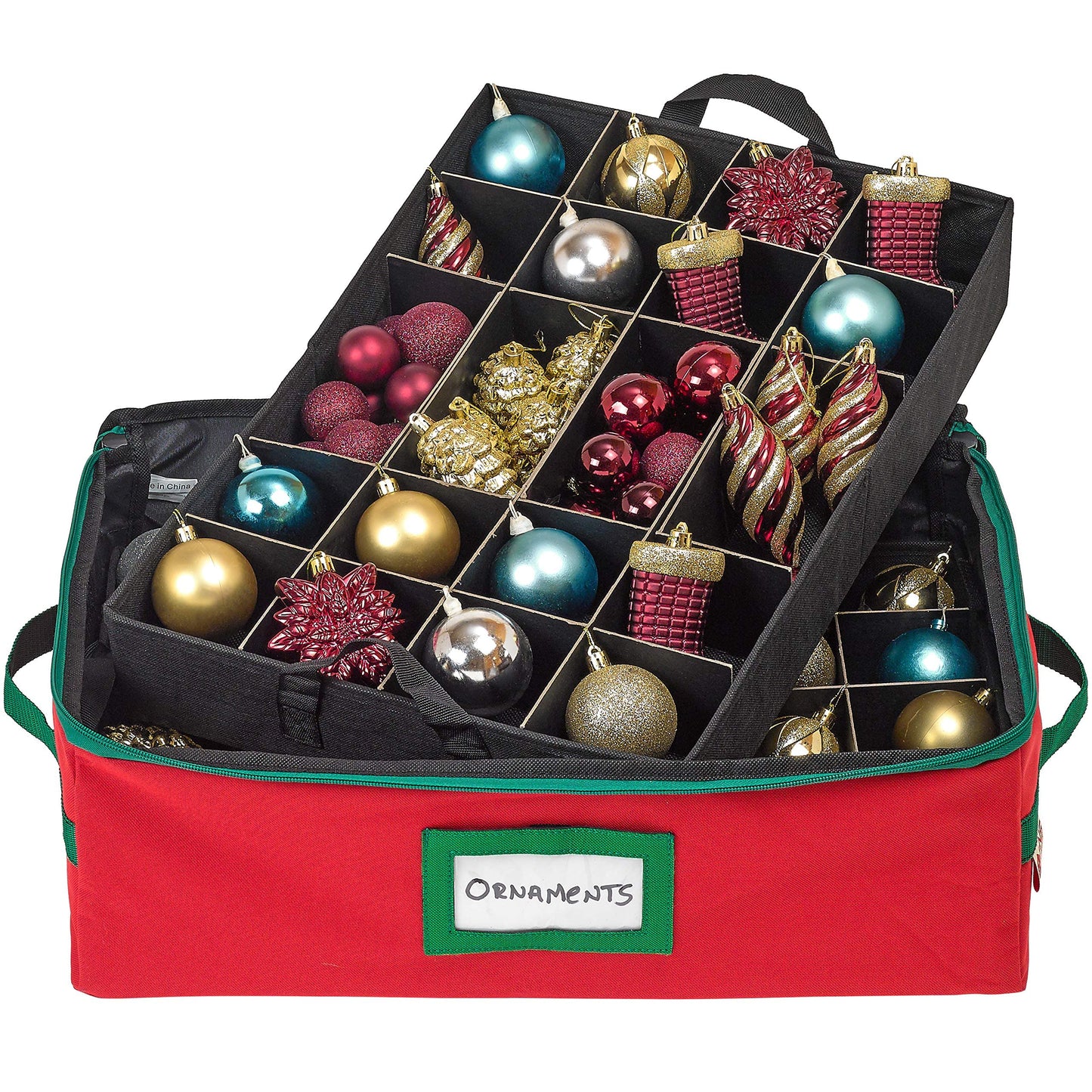 HOLDN’ STORAGE Christmas Ornament Storage Box with Dividers - Fits 48-3” Ornaments, 2 Removable Trays, Durable & Space-Saving, Clear Top Lid, Fits Underbed, Red