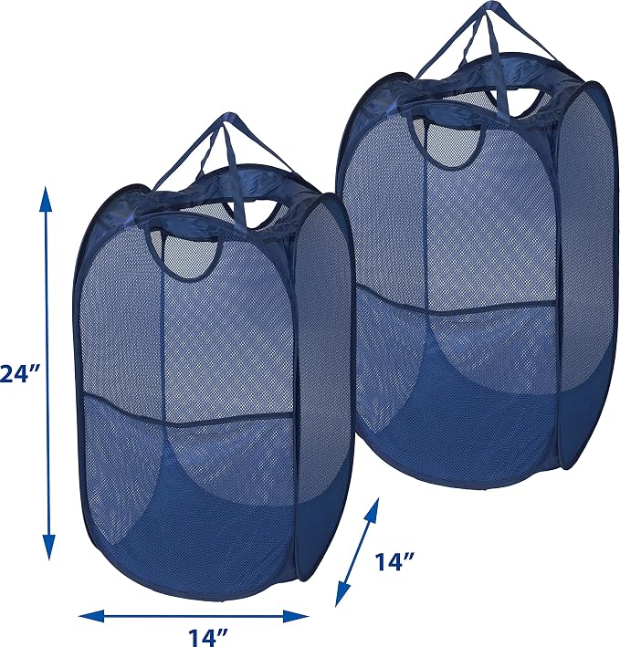 Simple Houseware Mesh Pop-Up Laundry Hamper Basket with Side Pocket, Dark Blue - 2 Pack