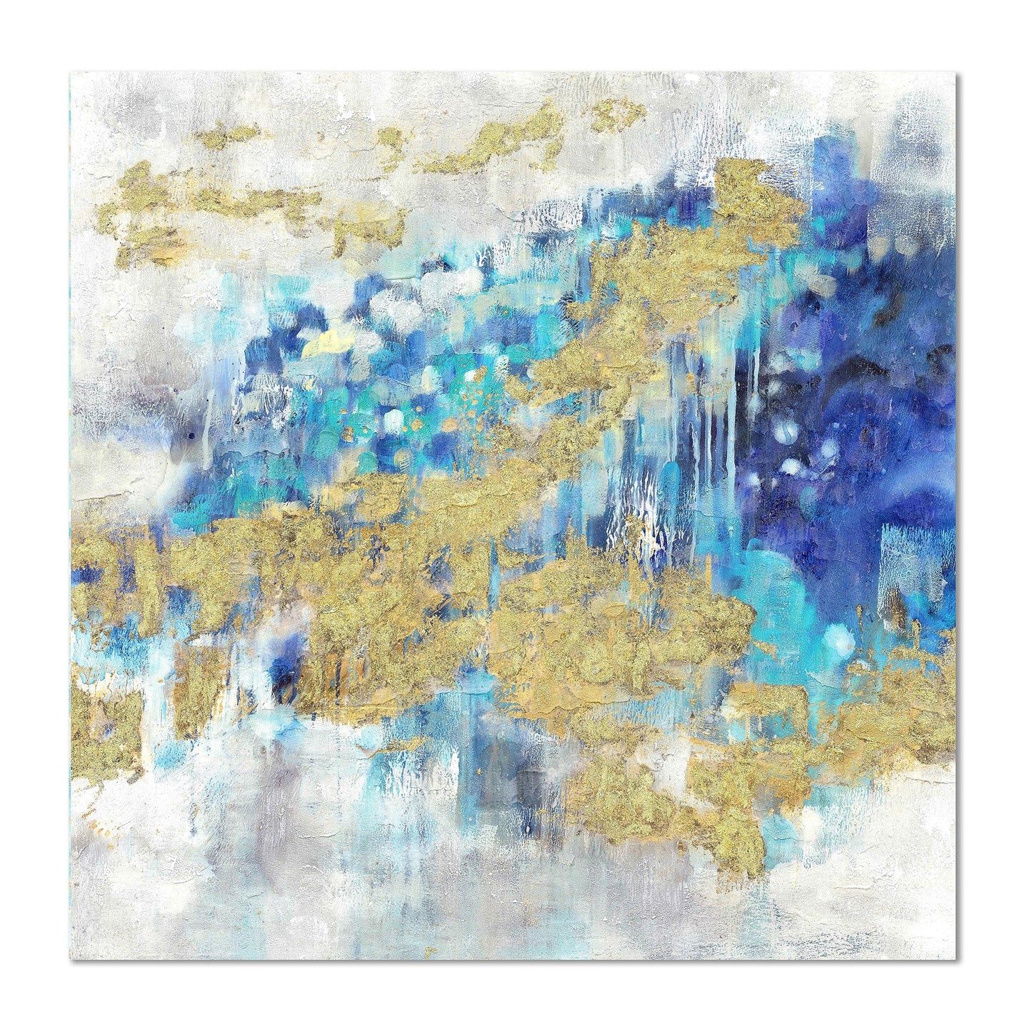 Abstract Modern Canvas Wall Art Painting: Blue Artwork Gold Foil Painted Picture White Grey Background Print for Office Home Living Room Wall Decor（12‘’x12'')