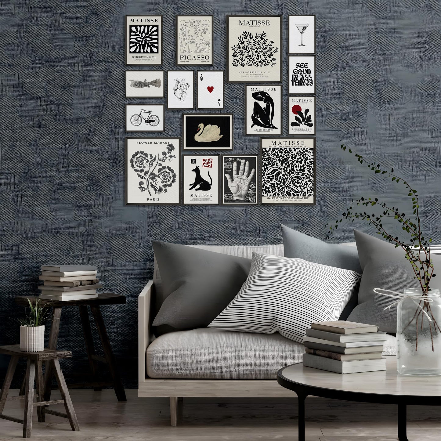 LANCHI95 16 PCS Black and White Home Decor, Eclectic Wall Art, Minimalist Posters for Living Room Aesthetic, Matisse Abstract Gallery Wall Prints for Bedroom, Collage Kit Pictures (UNFRAMED, Black Eclectic 1)