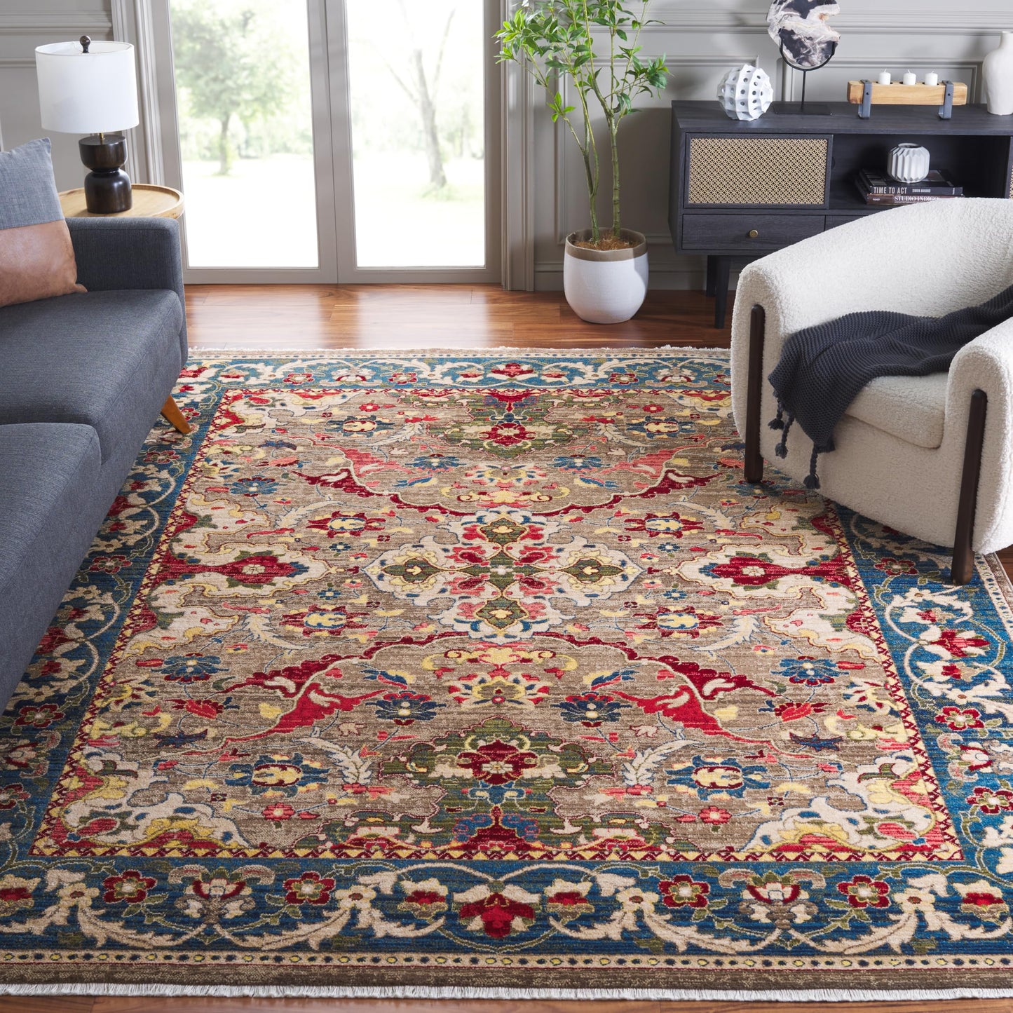 SAFAVIEH Area Rug 8x10 - Kashan Collection - Large - Taupe & Blue, Traditional Oriental Design, Non-Shedding & Easy Cleaning, Ideal for Living Room, Bedroom, Office, Dining Space (KSN307E)