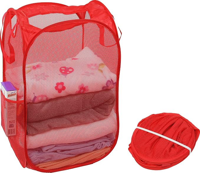 Simple Houseware Mesh Pop-Up Laundry Hamper Basket with Side Pocket, Red - 2 Pack