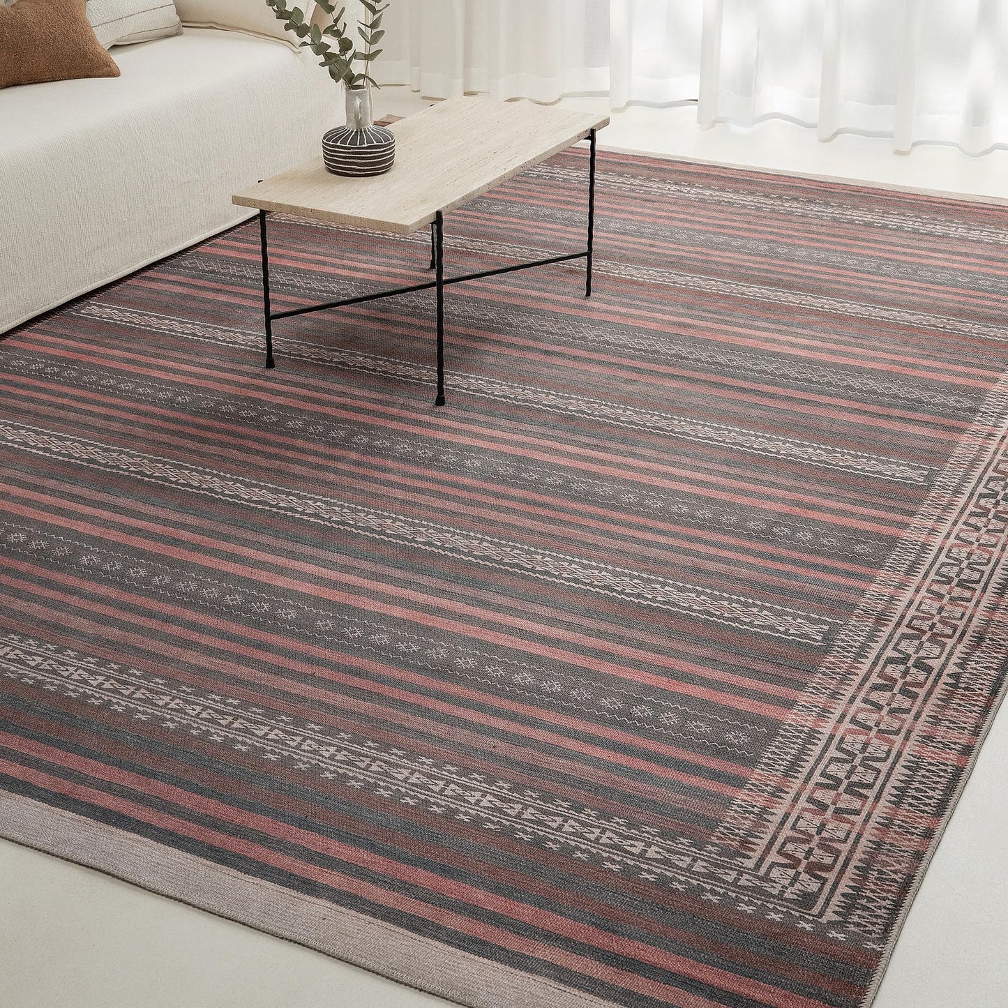 KNOTTING MATTERS Vibe Stripe 7’6” x 9’6” Area Rug – Sand, Charcoal & Clay Heritage Flatweave, Low-Pile – Easy Clean Area Rug – Perfect for Living Room, Dining Room, Bedroom – Pet & Kid Friendly