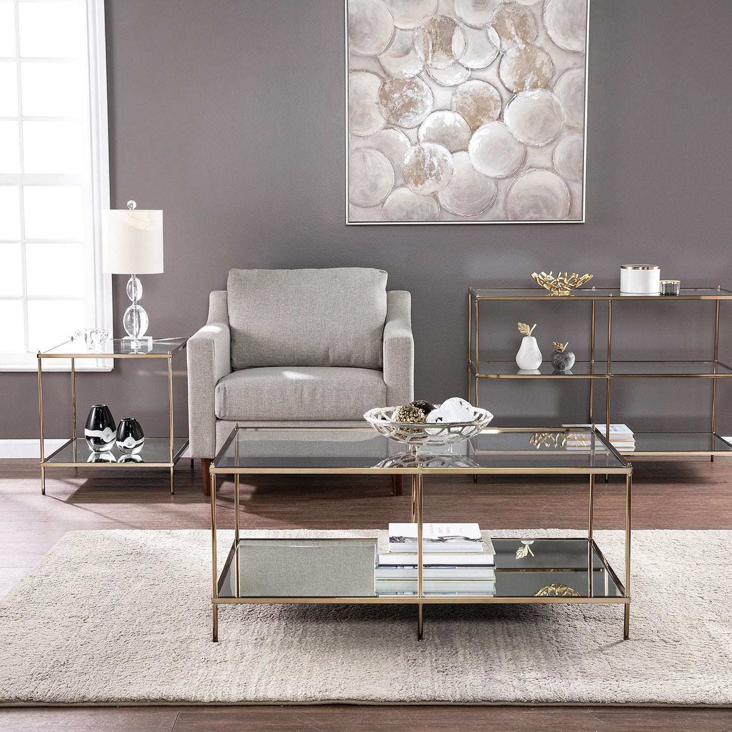 SEI Furniture Knox Glam Mirrored 3-Tier, Console Table, Gold