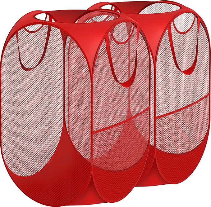 Simple Houseware Mesh Pop-Up Laundry Hamper Basket with Side Pocket, Red - 2 Pack