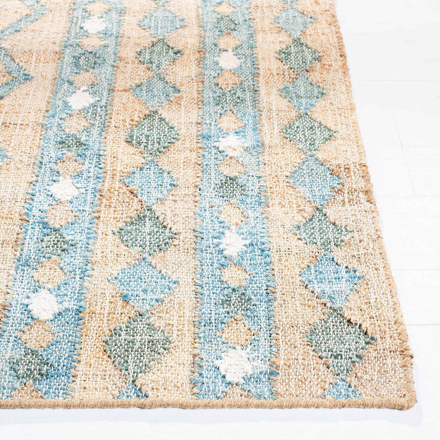 SAFAVIEH Kilim Collection Area Rug - 5' x 8', Natural & Blue, Flat Weave Jute Design, Ideal for High Traffic Areas in Living Room, Bedroom (KLM759M)