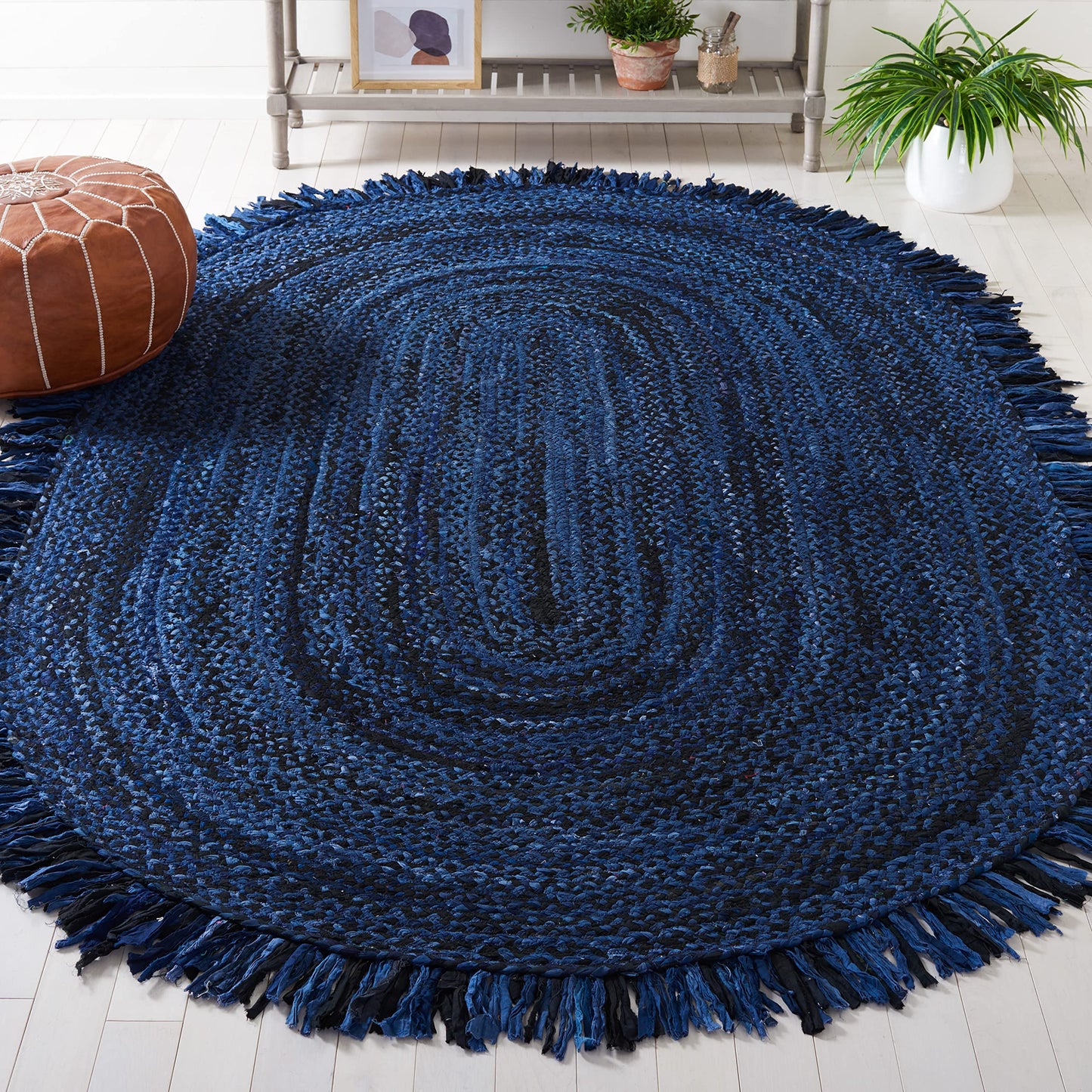 SAFAVIEH Braided Collection Area Rug - 3' x 5' Oval, Navy & Black, Handmade Boho Fringe Reversible Cotton, Ideal for High Traffic Areas in Living Room, Bedroom (BRD451N)