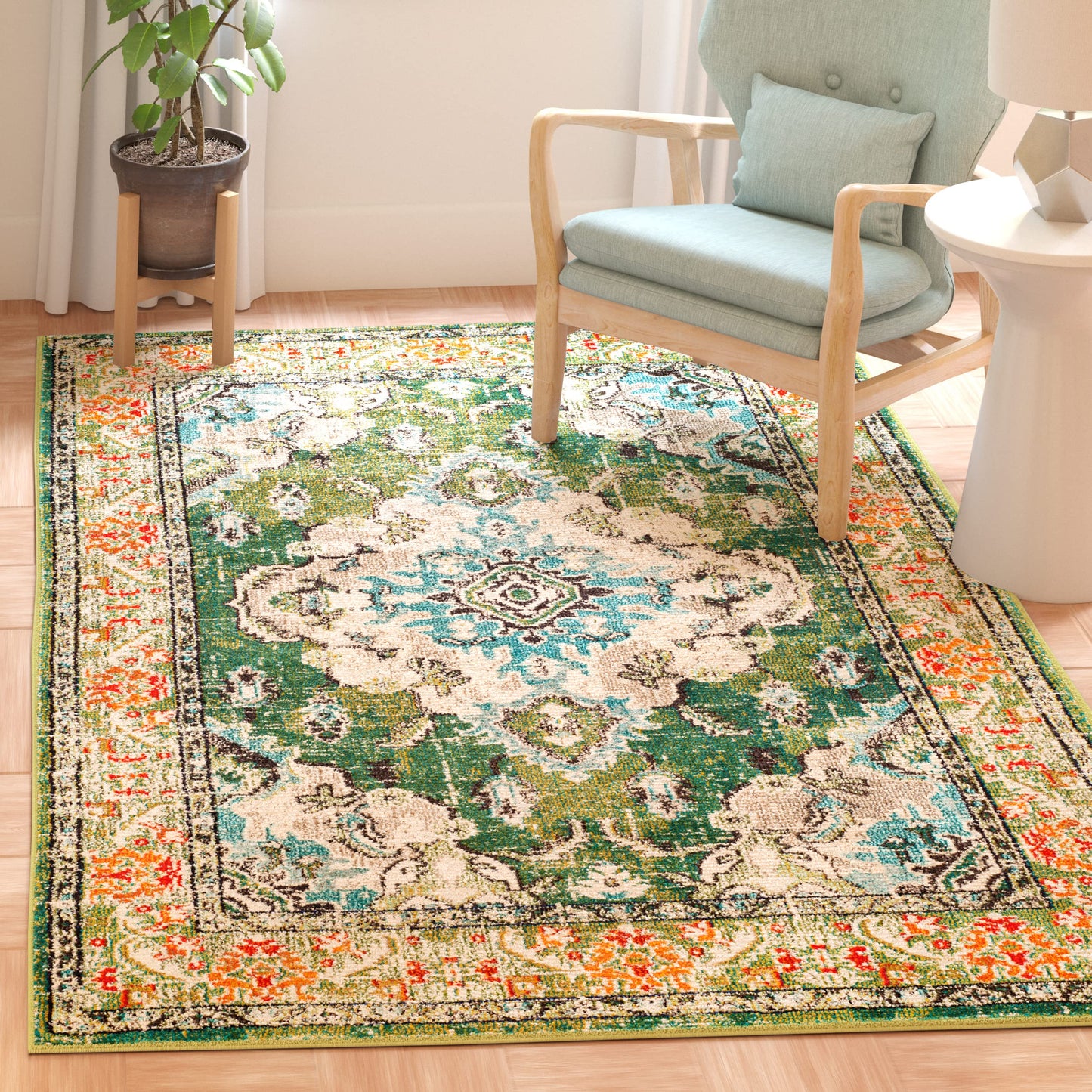 SAFAVIEH Monaco Collection Area Rug - 9' x 12', Forest Green & Light Blue, Non-Shedding & Easy to Clean, Distressed Medallion Design, Ideal for Living Room, Bedroom, Dining Space (MNC243F)
