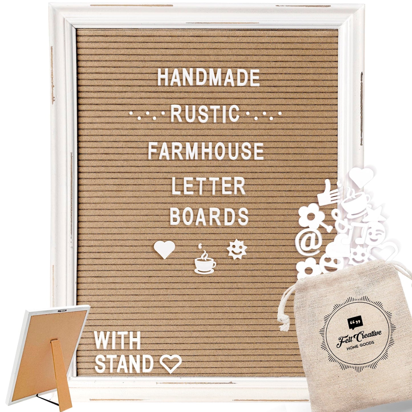 Cappuccino Felt Letter Board Back to School Sign with Rustic Wood White Frame - Farmhouse Letter Board Sign with Stand - Baby Announcement 12x16 Felt Board Changeable Message Board with 350 Letter Set