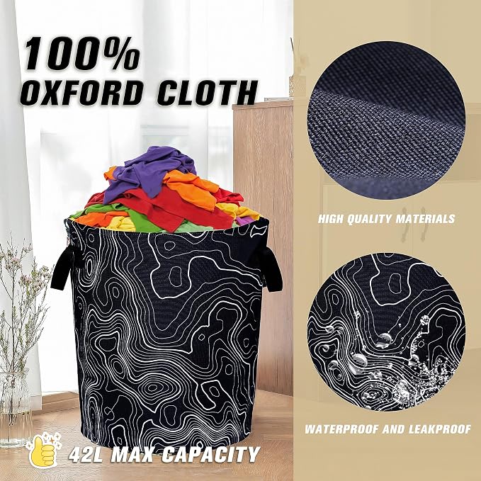 Topographic Map Laundry Basket Topography Pattern Foldable Oxford Cloth Funny Tote Bag Laundry Hamper Clothes Storage Bucket Organizer For Bathroom/Laundry Storage/Bedroom 18.9x16.5 Inch
