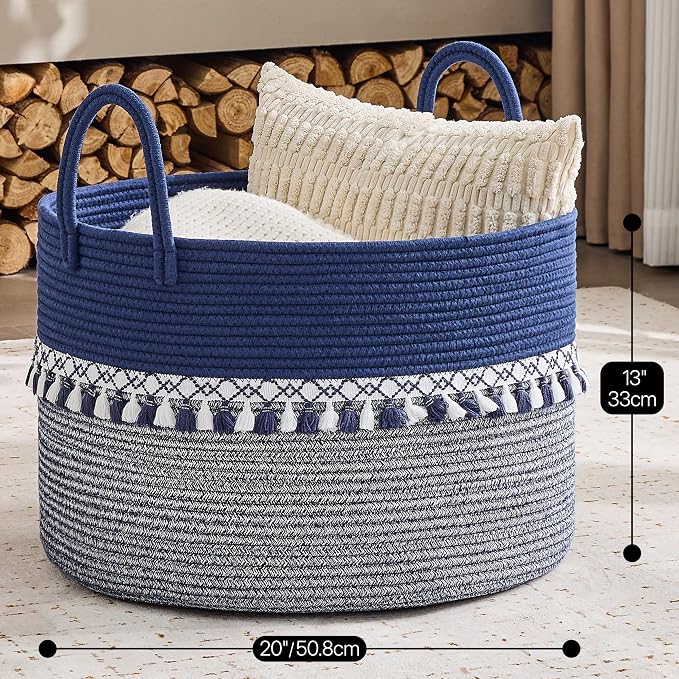 KAKAMAY Cotton Rope Storage Basket (20"x13"),Woven Hamper for Blankets,Toys,Pillows,Clothes,Laundry,Sturdy Handles Decorative Basket for Living Room, Bedroom,Nursery(Blue/White)
