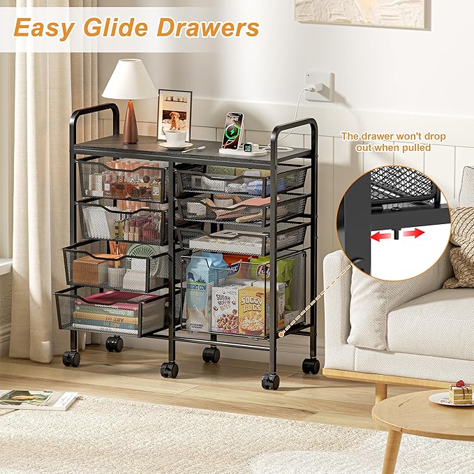 Aokitsink Rolling Cart with Drawers,8-Drawer Storage Cart with Wooden Tabletop and Lockable Wheels,Craft Storage & Art Supply Organizer,Letter-Size File Drawer for Classroom, Office & Home