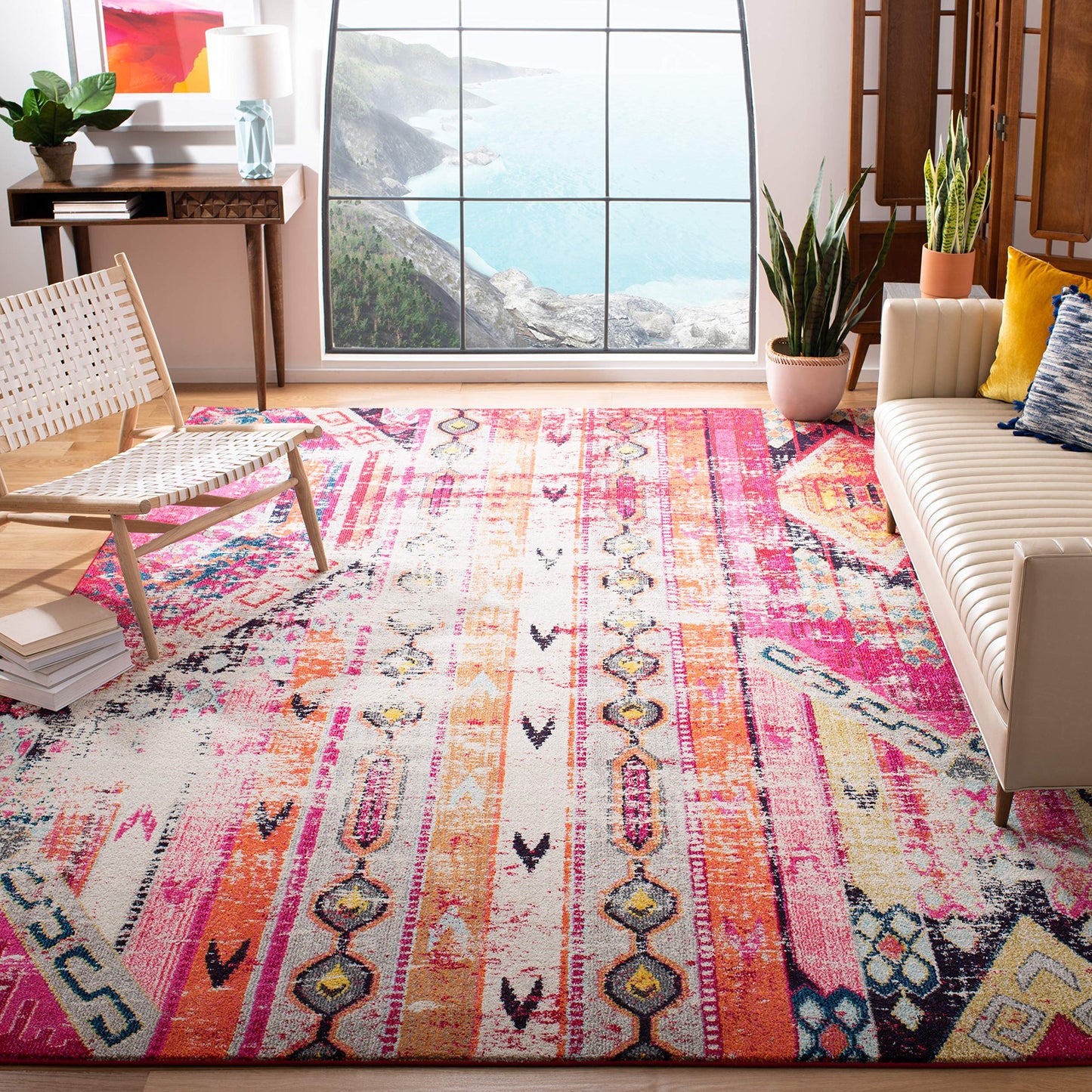 SAFAVIEH Monaco Collection 9' x 12' Magenta Multi MNC222D Boho Chic Tribal Distressed Non-Shedding Living Room Bedroom Dining Home Office Area Rug