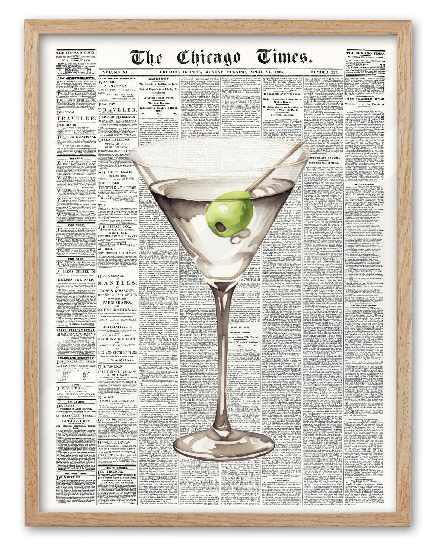 EcoHest Trendy Newspaper Martini Framed Wall Art, 12x16 in OAK Wood Retro Bar Cart Canvas Art, Magazine Aesthetic Apartment Art, Beige Logs Funky 70's Set of 1 for Bedroom Living Room